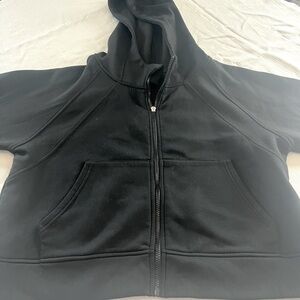 Black long sleeve sweat, jacket with hood, zipper down pockets